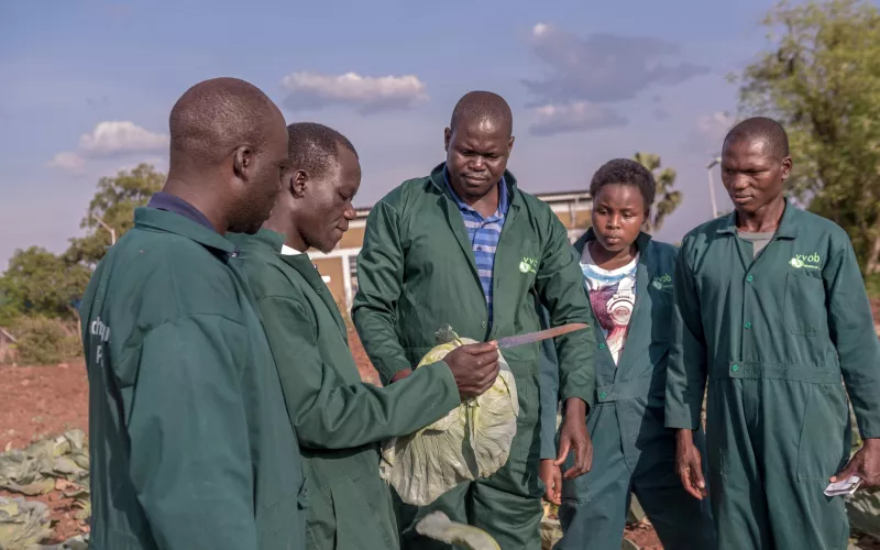 Students in green overalls examine a cabbage during an outdoor agriculture lesson.