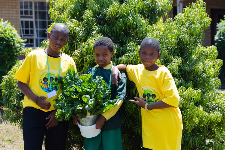 Learners holding spinach grown from Qozo High School garden.