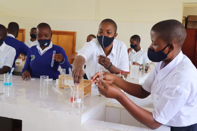 Students in masks conduct a science experiment in a classroom. They use test tubes with colorful liquids, collaborating at a white-tiled lab table.
