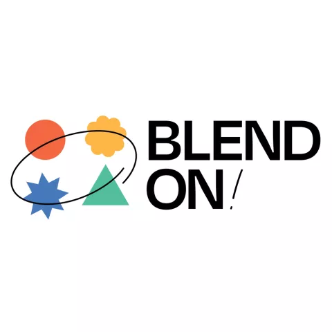 Blend ON! logo featuring colourful geometric shapes next to bold black text.