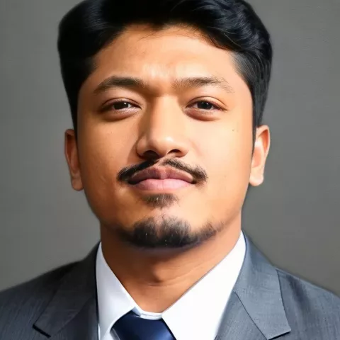 Sijal is wearing a grey blazer over a white shirt and a blue tie.